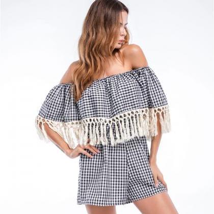 Gingham Double Layered Off-the-shoulder Romper..
