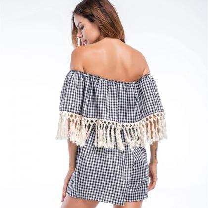 Gingham Double Layered Off-the-shoulder Romper..