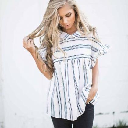 Sexy Striped Short-sleeved Lapel T-shirt