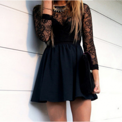 Black Lace Hollow Backless Dress