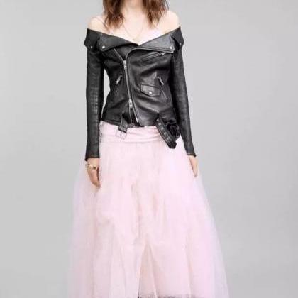 One Word Led Off-the-shoulder Leather Fashion Coat..