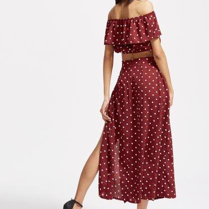 Red Polka Dot Two-piece Set Featuring Ruffled..