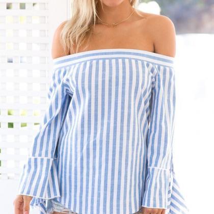 Blue And White Striped Off-the-shoulder Long..