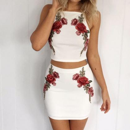 Floral Embroidered White Two-piece Set Featuring..