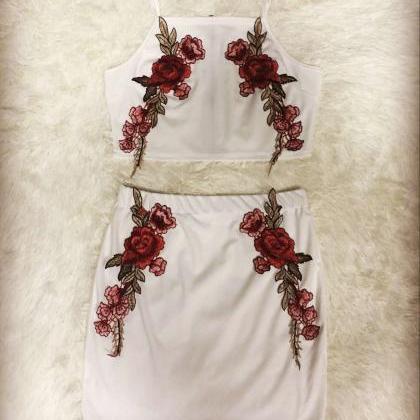 Floral Embroidered White Two-piece Set Featuring..