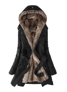 Black Fur Hooded Parka Winter Coat