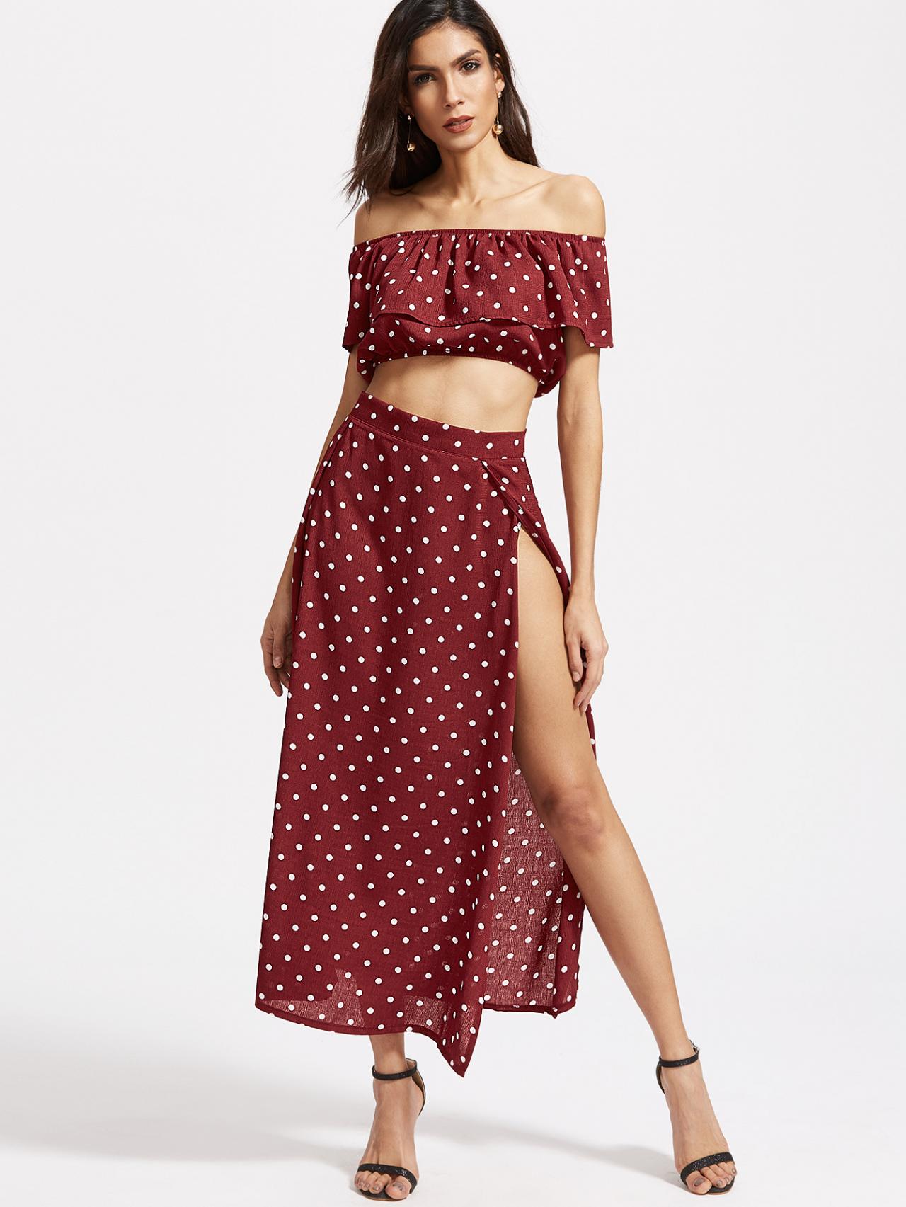 Red Polka Dot Two-piece Set Featuring Ruffled Off-the-shoulder Cropped Top And Maxi Skirt